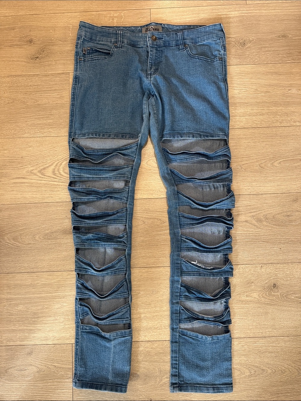 Royal Bones by Daang Washed stylish Blue Denim Jeans open bands on front  size 9